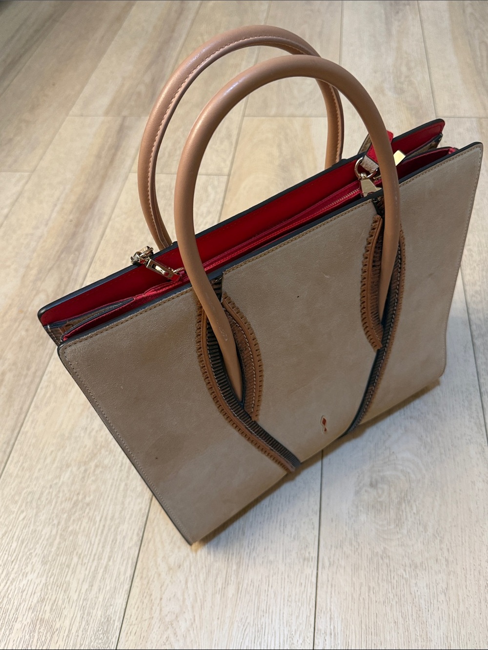 Christian Louboutin Beige Suede Tote Bag Red Interior Like New